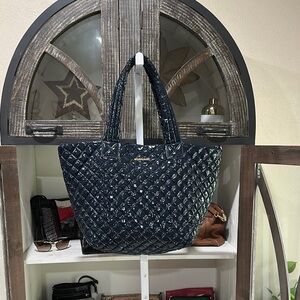 MZ Wallace Large Blue Quilted Patent Leather Tote Bag with Diamond Pattern